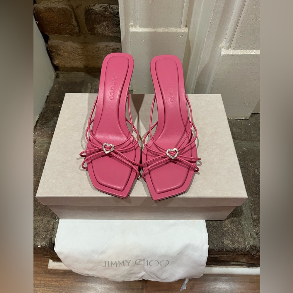 Jimmy Choo Pink Leather Indiya Mule Strappy Sandals with Heart